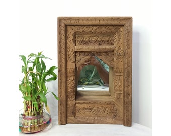 Indian Antique Wooden Carved Wall Hanging Jharokha Wall Shelf With Mirror / Mirror Jharokha Frame / Wall Decor Shelf / Wall Shelf.
