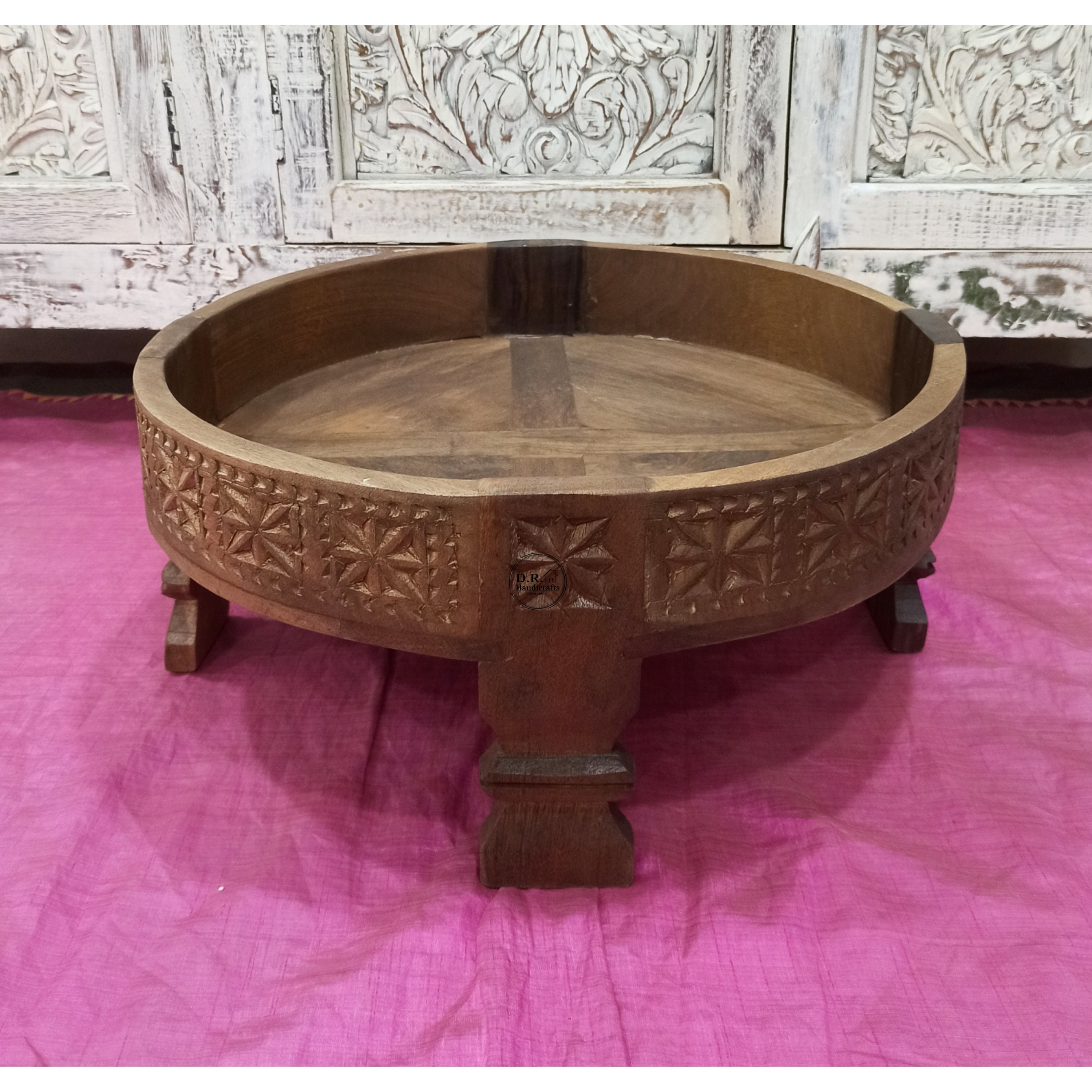 Indian Wooden Carved Chakki Table / Wooden Coffee Table Mango Wood ...