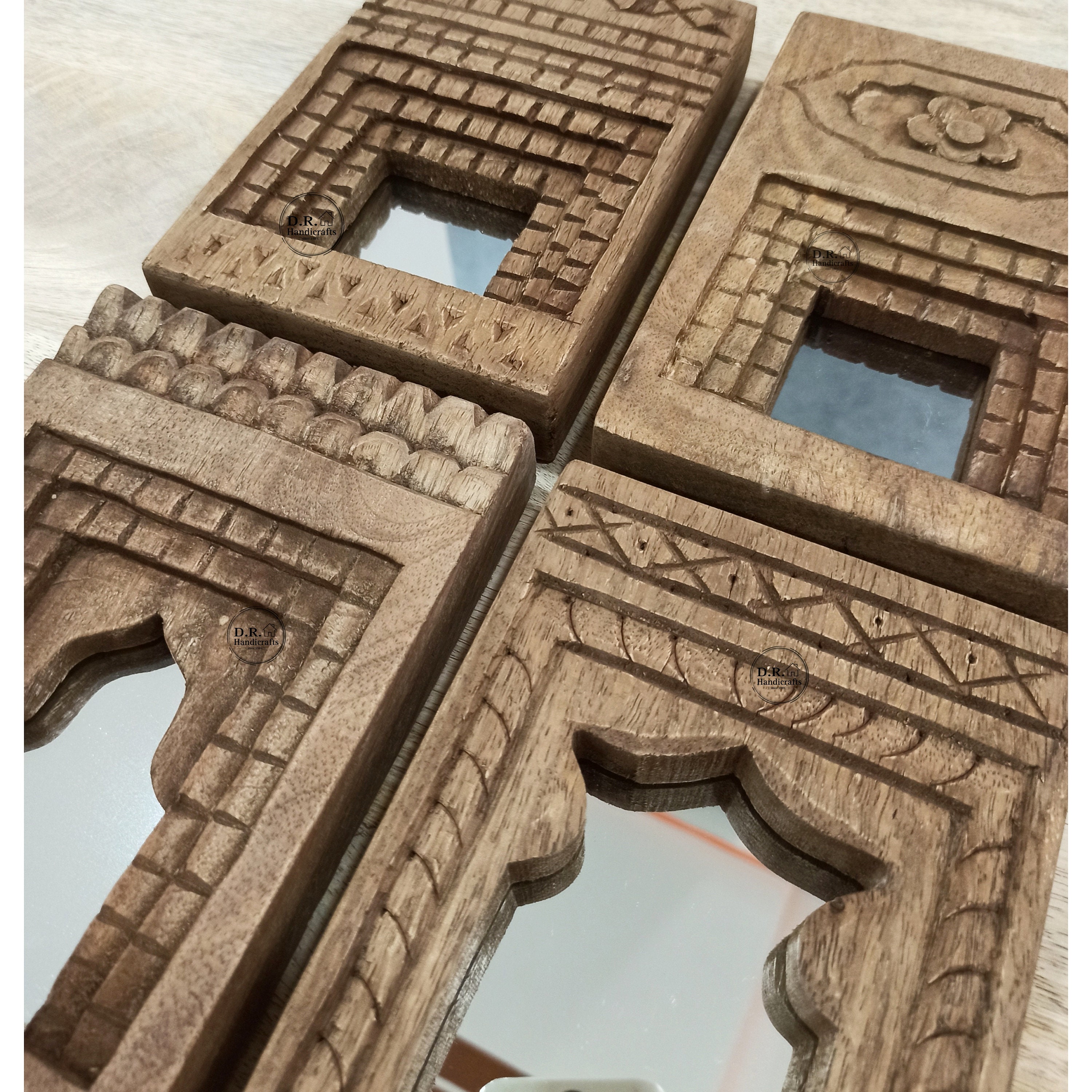 Indian Antique Wooden Carved Wall Hanging Temple Mirror Frame Set of 4 / Vintage Mirror Frame