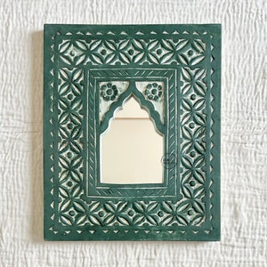 Vintage Style Carved Wooden Mirror Handcrafted Green Rustic Mirror Indian-Style Wooden Wall Mirror Frame | Wall Decor Hanging Mirror Frame