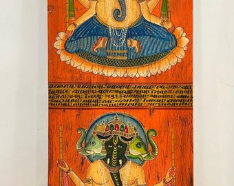 Indian vintage Hand Painted Wall Panel Lord Ganesh Painting Antique Door Hand Crafted Wall And Home Decor Wall Hanging Cultural Heritage Art