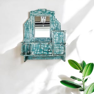 Vintage Wooden Wall Hanging Mirror Shelf Antique Indian Wooden Bathroom Shaving Wall Mirror Storage Cabinet Wooden Wall Hanging Mirror