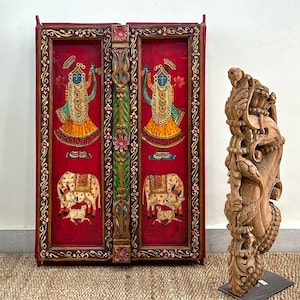 Indian Vintage Cultural Heritage Art Hand Painted Wall Panel Shreenath Ji Painting Antique Door HandCrafted Wall And Home Decor Wall Hanging