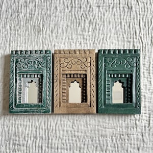 Indian Vintage Design Handmade Carved Wall Hanging Temple Mirror Frame With 3 Different Colors Wall Decor Temple Mirror Frame (Set Of 3)