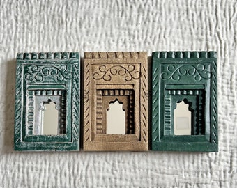 Indian Vintage Design Handmade Carved Wall Hanging Temple Mirror Frame With 3 Different Colors Wall Decor Temple Mirror Frame (Set Of 3)