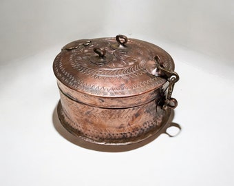 Indian Collectible Vintage Copper Chappati Box Antique Copper Jwellery Box Carved Box Old Indian Art
