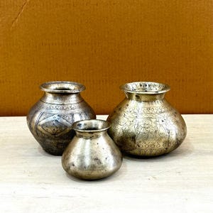 Antique Brass Hand Engraved Water Pot Brass Lota Set Of Three Indian Religious Water Vassel Vintage Home Decor Brass Item Hand Carved Lota