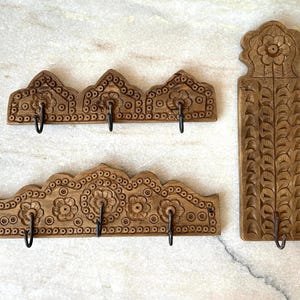 Indian Wooden Carved Wall Hanging Hook Hanger Set Of 3 With Brown Finish Wall Hanger Wall Decor Indian Art  Triple And Single Hook Hanger