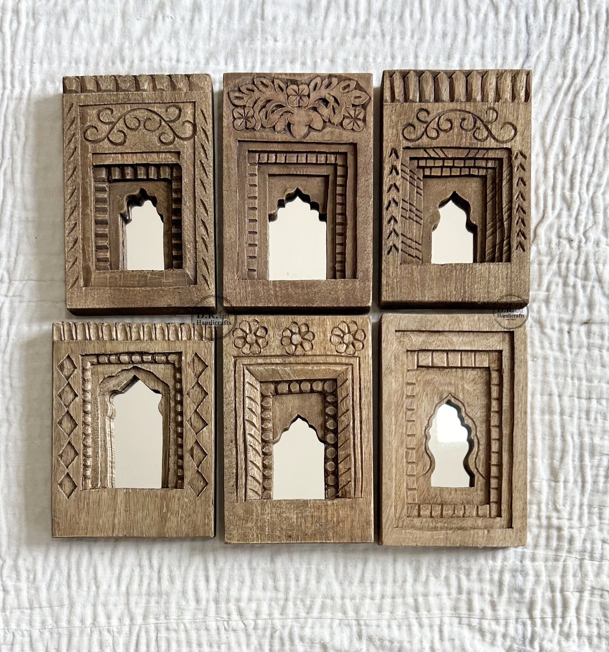 Reclaimed Wood Wall Decor Carved Temple Mirror Frame (Set Of 6) Vintage Style Decor Small Jarokhas, Valentine's Day Gift, Gift For Her