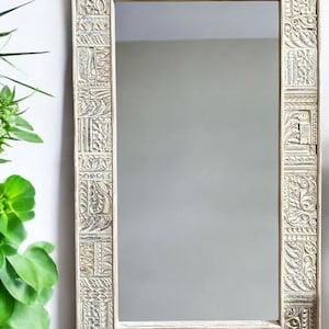 Indian Vintage Wooden Wall Hanging Handmade Mirror Frame Antique Wall Decor Mirror Frame With White Wash Finish Reclaimed Wood Carved Frame