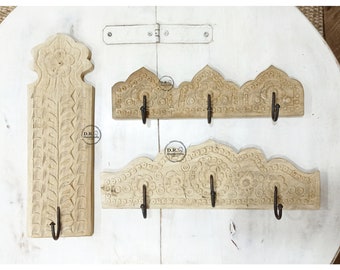 Indian Wooden Carved Wall Hanging Hook Hanger Set Of 3 / Wall Hanger / Wall Decor / Indian Art / Triple And Single Hook Hanger