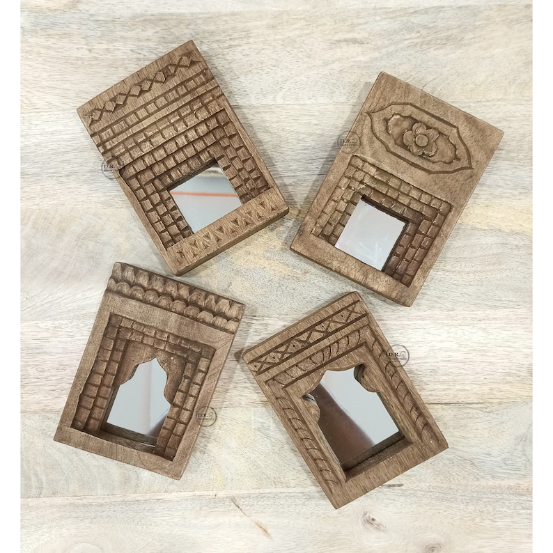 Indian Antique Wooden Carved Wall Hanging Temple Mirror Frame Set of 4
