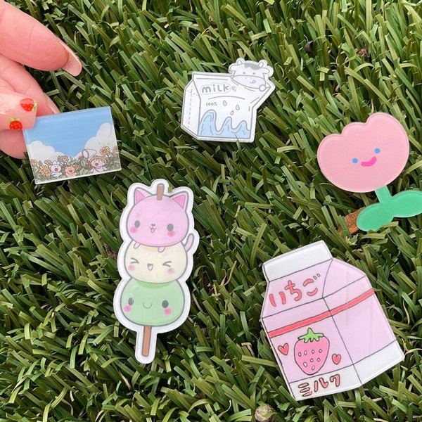 Acrylic kawaii pin, cute kawaii acrylic brooch, strawberry brooch, milk brooch, kawaii cat brooch