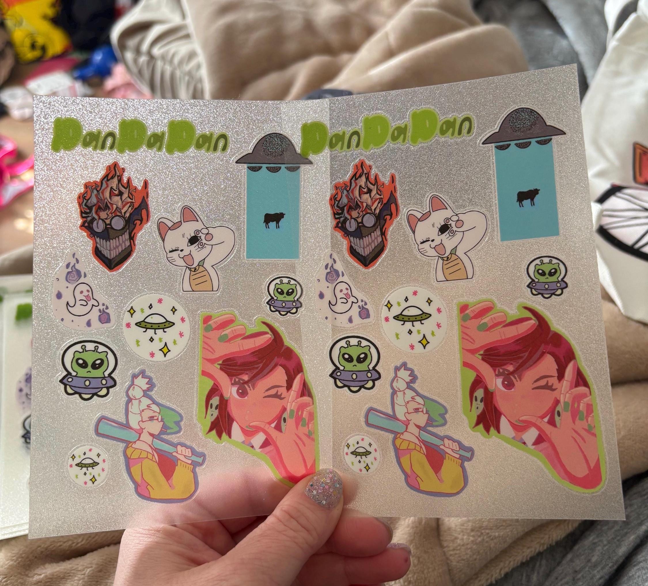Dandadan fanart sticker sheet, alien sticker sheet, anime sticker sheet, cute dandadan anime sticker sheet, dandadan, ghost sticker sheet