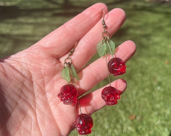 cherry skull acrylic earrings, skull earrings, cherry earrings, skull earrings, Kawaii cherry skull earrings, skull cherries