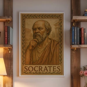 Puede incluir: Un escritorio r&uacute;stico de madera con estanter&iacute;as empotradas y un p&oacute;ster enmarcado de "S&oacute;crates". El escritorio incluye una l&aacute;mpara, libros, un teclado y una taza de caf&eacute;. Una silla de madera est&aacute; frente al escritorio, creando un espacio de trabajo acogedor.