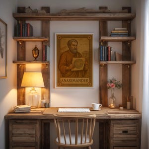 Puede incluir: Una oficina en casa con un escritorio de madera, estanter&iacute;as y una impresi&oacute;n enmarcada de Anaximandro. El escritorio tiene un teclado, una taza y una l&aacute;mpara. Libros y objetos decorativos est&aacute;n en las estanter&iacute;as. La est&eacute;tica general es r&uacute;stica y acogedora.