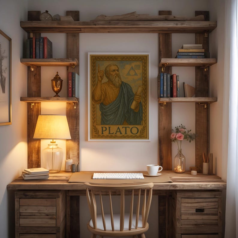 Puede incluir: Un escritorio r&uacute;stico de madera con estanter&iacute;as integradas y un grabado enmarcado de Plat&oacute;n. El escritorio incluye un teclado, una taza y una silla de madera. Libros, una l&aacute;mpara y objetos decorativos completan la configuraci&oacute;n de la oficina en casa.