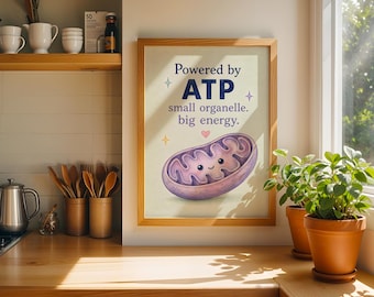 Póster de mitocondrias / Impulsado por ATP: Orgánulo pequeño, gran energía / Arte mural de biología celular / Impresión física o descarga digital