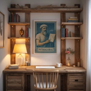 Puede incluir: Una oficina en casa con un escritorio de madera, estanter&iacute;as y una silla. Una impresi&oacute;n enmarcada de Pit&aacute;goras cuelga sobre el escritorio. El escritorio tiene una l&aacute;mpara, un teclado y una taza de caf&eacute;. Libros y objetos decorativos est&aacute;n en las estanter&iacute;as.