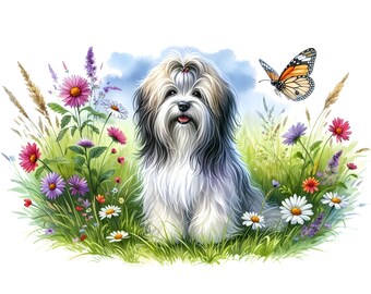 a cute Tibetan Terrier dog sitting in the grass with wild flowers and butterflies