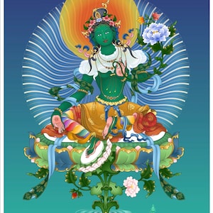 May include: A vibrant illustration of a seated deity with green skin, adorned with jewelry and a floral crown. The figure holds a blue flower and is surrounded by a golden halo and a lotus flower base. The background transitions from blue to teal.