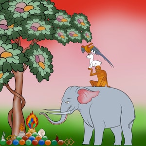 以下が含まれることがあります： ピンクの耳をした灰色の象、小さな白いウサギ、茶色のサル、青と赤の鳥を描いたカラフルなイラスト。象は緑の草の上に立っており、背景には木があります。木は緑の葉とピンクの花を付けています。木の根元には、いくつかのカラフルな物体が置かれています。