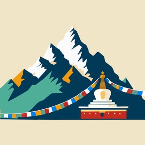 Könnte beinhalten: Ein weißer Stupa mit einem goldenen Abschluss steht vor einer blauen und grünen Bergkette. Bunte Gebetsfahnen hängen zwischen dem Stupa und dem Berg.