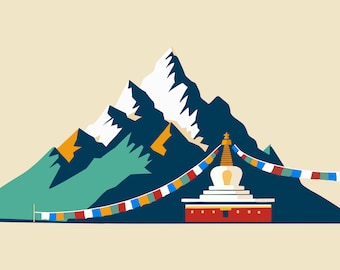Tibetan Buddhist stupa with prayer flags and snowcapped mountains