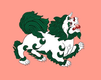 Tibetan Snow Lion Art Print - Mythical Creature Wall Decor, Handmade Fantasy Illustration, Cultural Gift