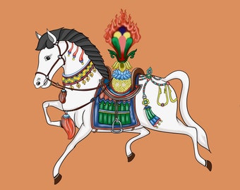 Tibetan wind horse for good luck digital print illustration/ thangka art /rlung ta /prayer flag