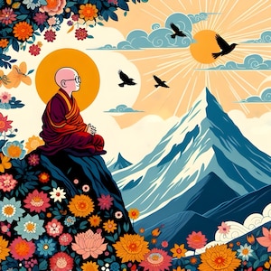 Tibetan monk meditating on top of the mountain, surrounded by flowers and birds in an illustration style with colorful backgrounds.