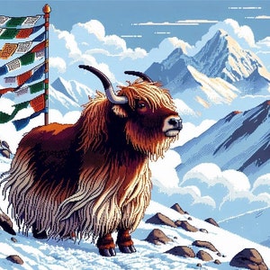 May include: A brown and white yak with long, shaggy fur stands on a snowy mountainside. The yak is facing right and has a mountain range in the background. There are colourful prayer flags hanging from a pole in the foreground.