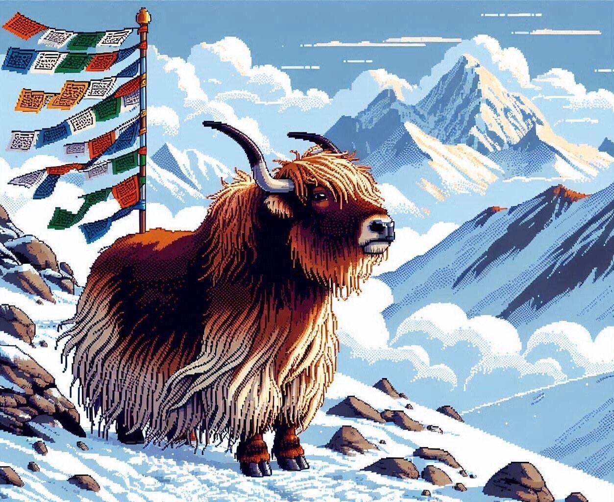 A charming and adorable Tibetan yak, pixel art style drawing,digital print