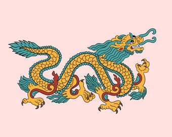 Tibetan Dragon Art Print  (Druk) - Mythical Creature Wall Decor, Handmade Fantasy Illustration, Cultural Gift&quot;