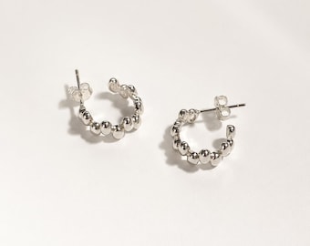 Silver Beaded Hoop Earrings, Bubble Huggie Hoops, Small Statement Earrings, Everyday Silver Jewelry, Minimalist Earrings, Gift for Her