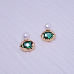Brincos minimalistas, brincos de pérola, brincos de zircão verde, brincos, prata 925, ouro 18K, presente para ela, presente para a mãe, brincos de noiva