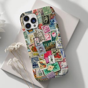 Funda para teléfono con collage de sellos postales antiguos, estética moderna para iPhone 16, 15, 14, 13, 12 Pro Max, Pixel 9, 8, 7, Galaxy S25, S24