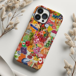 Colorful Food Collage Phone Case Vintage Fruit Vegetable Casing Foodie Gift Aesthetic iPhone 13 14 15 Pro Max Tough Case Pixel 6 7 8 S23 S22