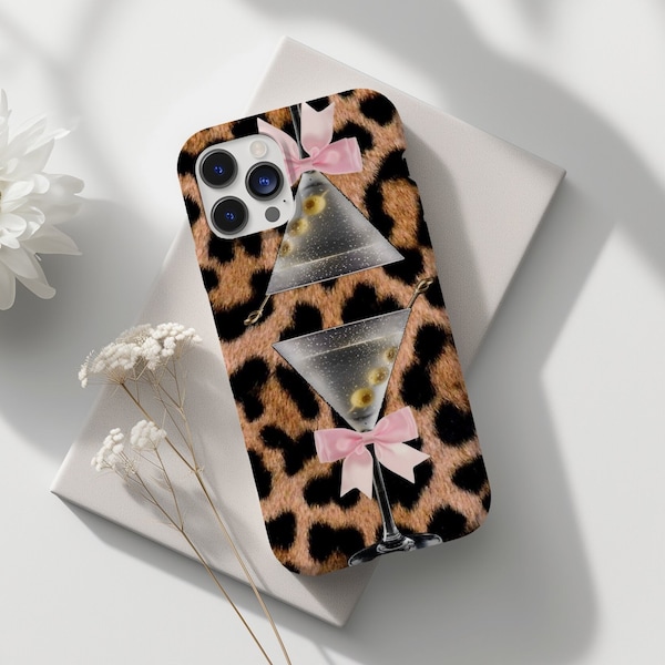 Cheetah Martini Phone Case with Bow Y2k Collage Phonecase Trendy Vintage Aesthetic  iPhone 15 14 13 12 11 Pro Max Pixel 6 7 8 Galaxy S23 S22