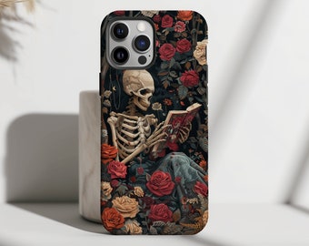 Bookish Skeleton Reading Book Lover Phone Case Floral Goth Casing Booktrovert iPhone 12 13 14 15 Pro Max Mini Tough Case Pixel 6 7 Galaxy 22