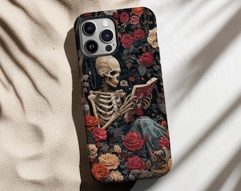 Gothic Skeleton Reading Book Phone Case Floral Goth Casing Dark Aesthetic iPhone 17 16 14 15 Pro Max Mini Tough Case Pixel 6 7 Galaxy 23 S24