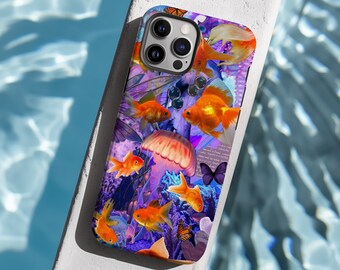May include: A phone case with a colorful design featuring goldfish, jellyfish, and butterflies. The case has a purple, blue, and pink background with a white border.