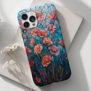 Målat glas nejlikor mobilskal mosaik vildblomma sommarfödelseblomma mobilskal estetiskt iPhone 14 15 Pro Max tufft skal Pixel 8 7 S24