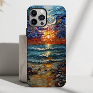 Stained Glass Sunset Phone Case Beachy Phone Case Aesthetic iPhone 11 12 13 Mini 14 15 Pro Max Mini Tough Case Pixel 6 7 Galaxy 22 23