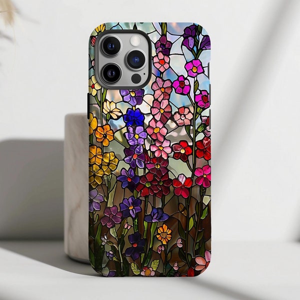 Funda de teléfono personalizada con vitrales y flores silvestres, estética floral bohemia, para iPhone 17, 16, 15, 14, 13, 12 Pro Max, resistente, para Pixel 7, 8, S23 y S24