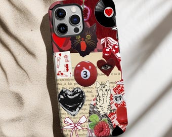 Retro Pop Art Collage Phone Case Red Y2K Lucky Girl Collage Phone Case, Y2K Vintage Aesthetic, iPhone 15 14 13 Pixel 7,   Galaxy S23