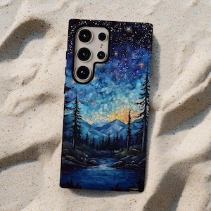 Starry Night Phone Case, Celestial Nature Landscape iPhone 17 Pro Mountain Forest iPhone 17 16 15 14 13 12 Pro Max Tough Case Pixel 7 8 S25