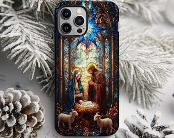Stained Glass Nativity Scene Christmas Phone Case Mosaic Christian Phone Case iPhone 16 15 14 13 12 Pro Max Tough Case Pixel 7 8 S23 s24