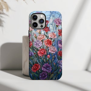 Målat glas nejlikor mobilskal mosaik vildblomma sommarfödelseblomma mobilskal estetiskt iPhone 14 15 Pro Max tufft skal Pixel 8 7 S24